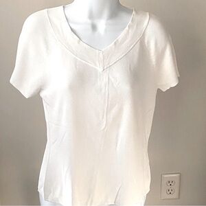 Talbots White Ribbed Short Sleeve V Neck Top